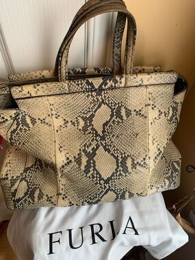 Furla Python embossed leather zip Tote in Beige and Black